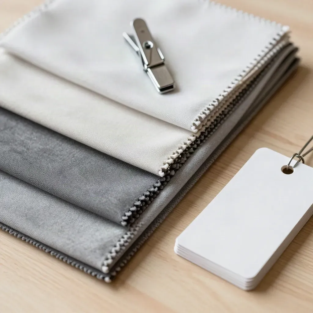 Top-down retail swatches, steel clip, and blank tag cards on pale wood.