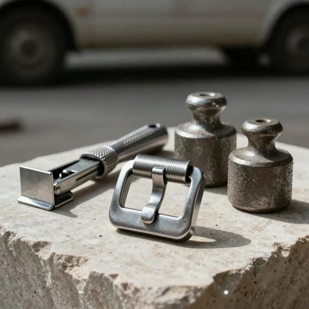 Cargo buckle, corner protector and cutter on pale stone in dramatic warehouse light.