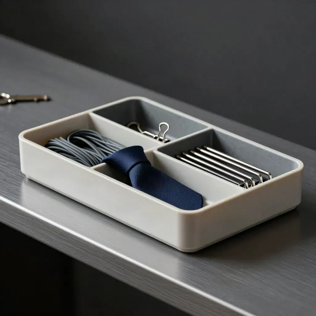 Graphite desk trays, binder clips, cable ties and dividers on a dark shelf