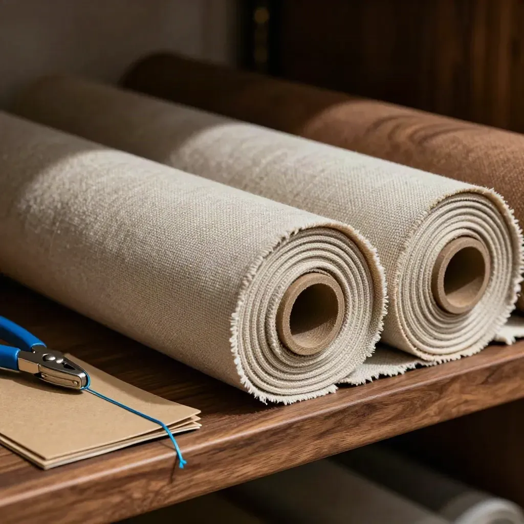 Rolled fabric bolts with steel hang-tag pliers and a folded sample card on a warm workshop shelf.